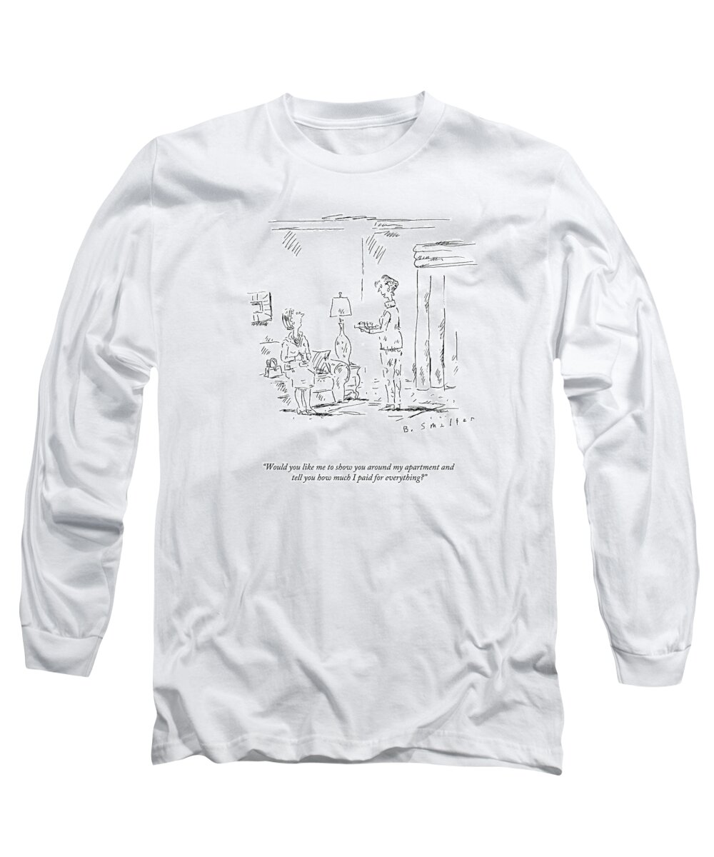 Guests Long Sleeve T-Shirt featuring the drawing Would You Like Me To Show You Around My Apartment by Barbara Smaller