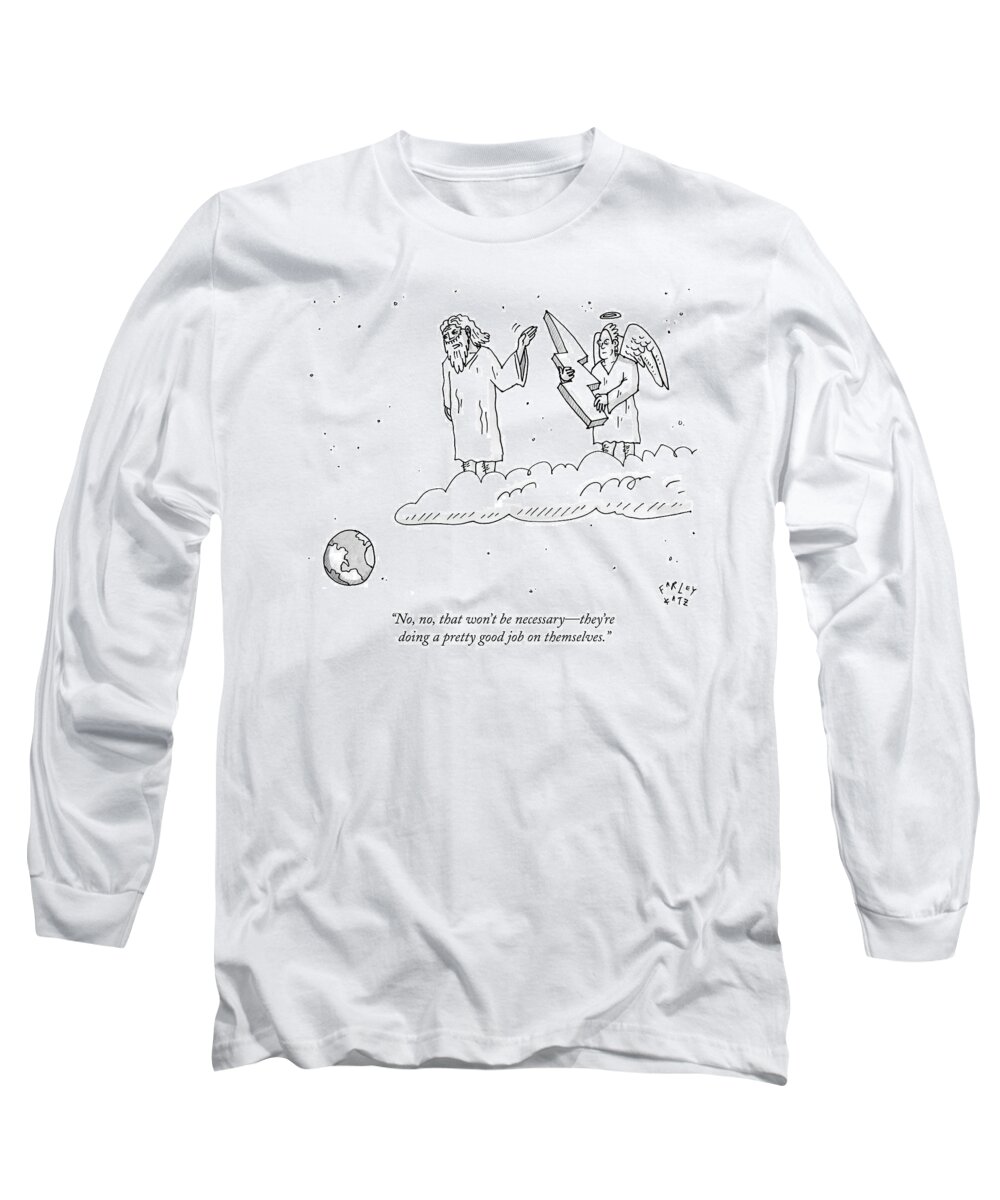 Zeus Long Sleeve T-Shirt featuring the drawing No, No, That Won't Be Necessary - They're Doing by Farley Katz