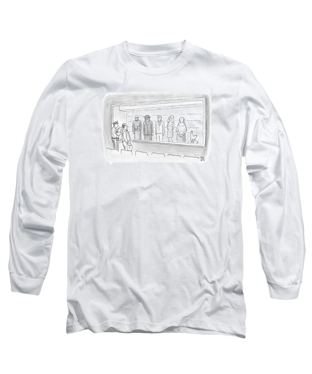 Police Long Sleeve T-Shirt featuring the drawing A Bartender Stands In Front Of A Police Lineup by Paul Noth