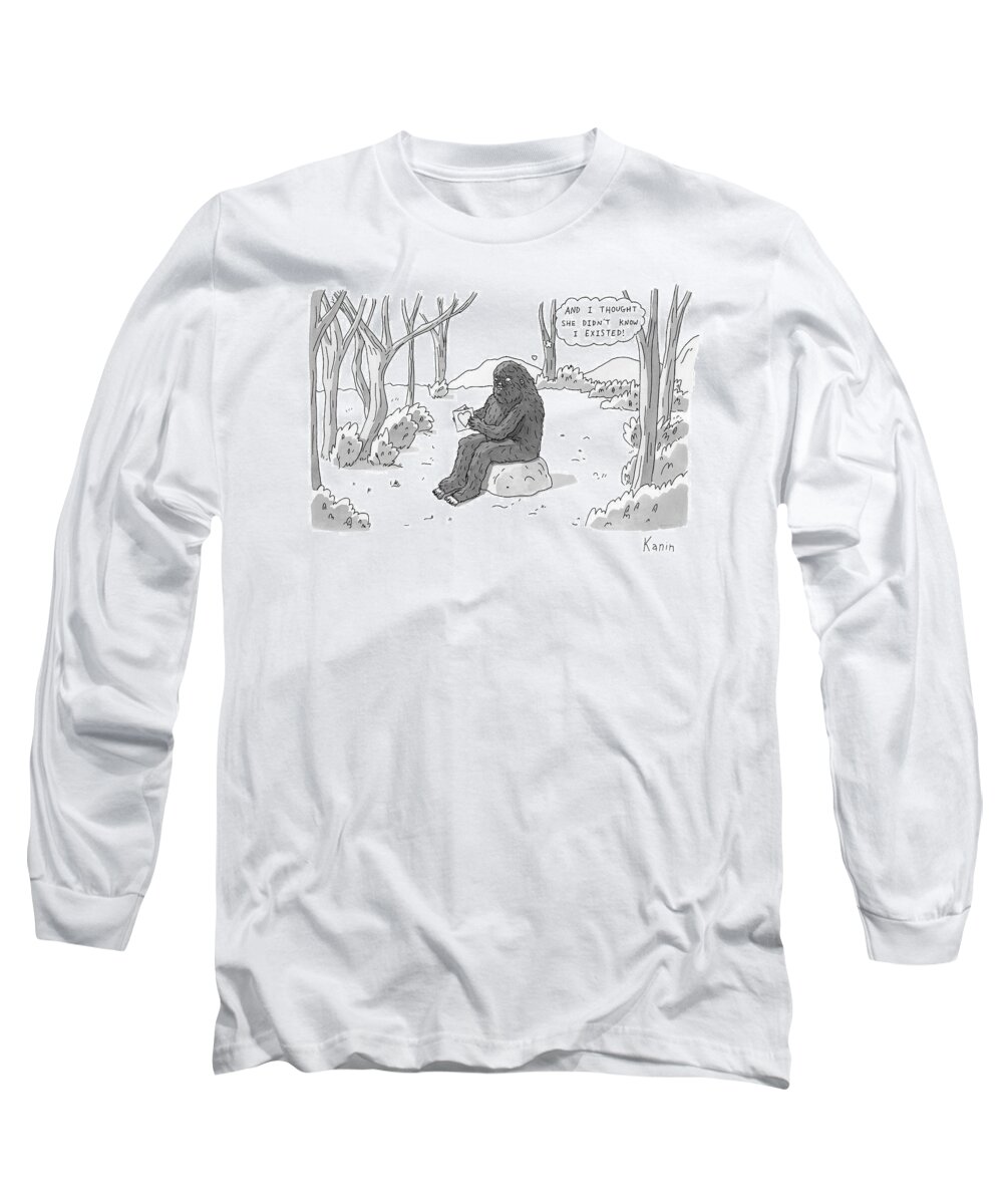 And I Thought She Didn't Know I Existed! Long Sleeve T-Shirt featuring the drawing A Big Foot Type Creature Reads A Valentine Card by Zachary Kanin