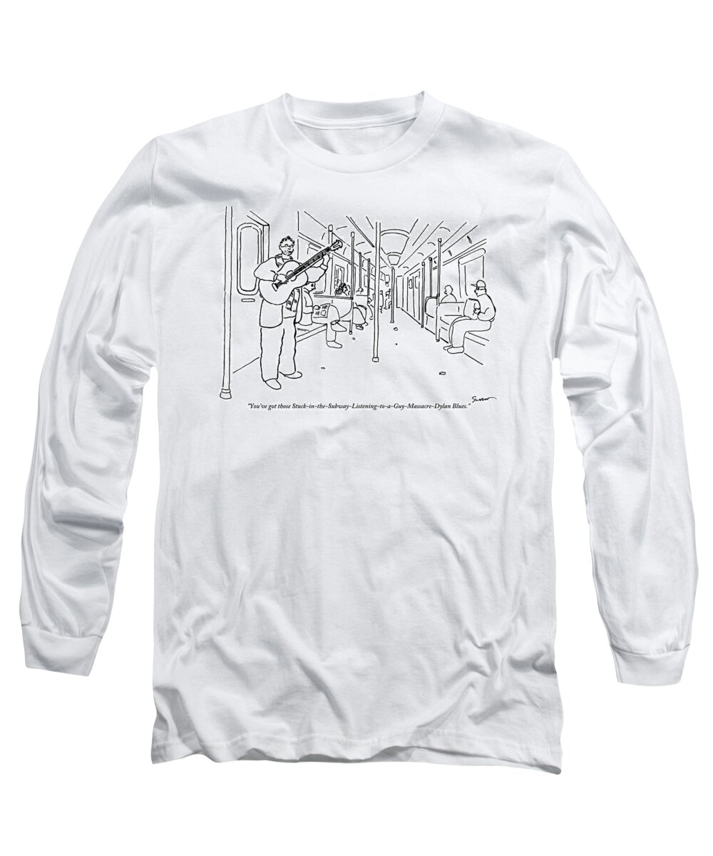Subway Long Sleeve T-Shirt featuring the drawing A Busker Sings And Plays Guitar For Uninterested by Michael Shaw