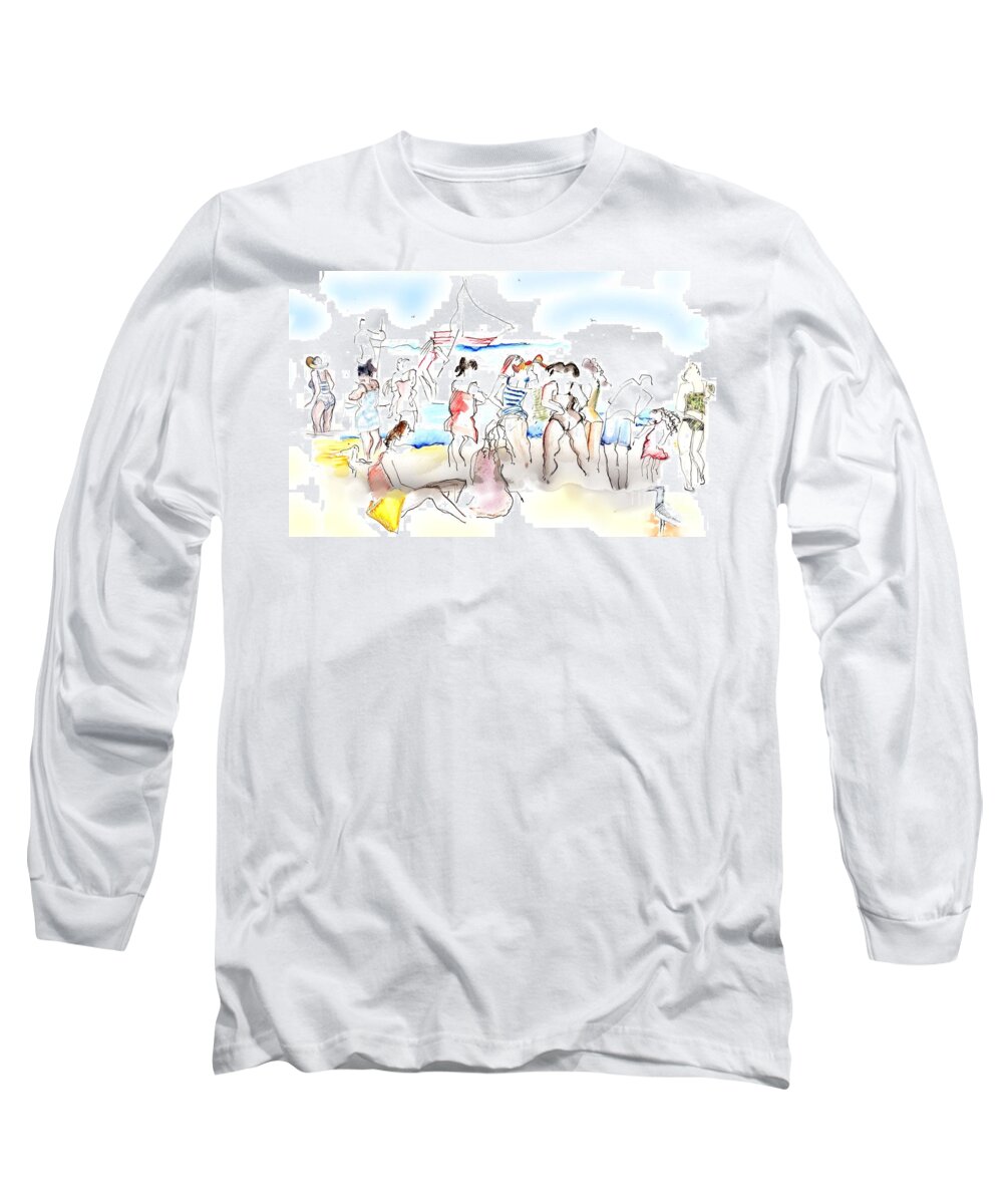 Beach Long Sleeve T-Shirt featuring the painting A Busy Day at the Beach by Carolyn Weltman