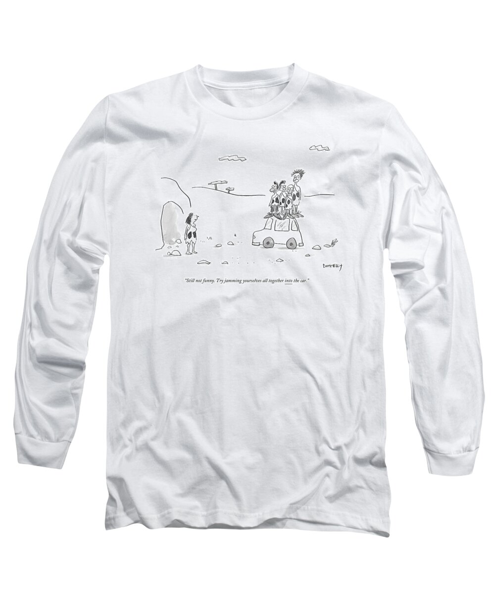 Clowns Long Sleeve T-Shirt featuring the drawing A Cavewoman Talks To A Group Of Cave-clowns Who by Liza Donnelly