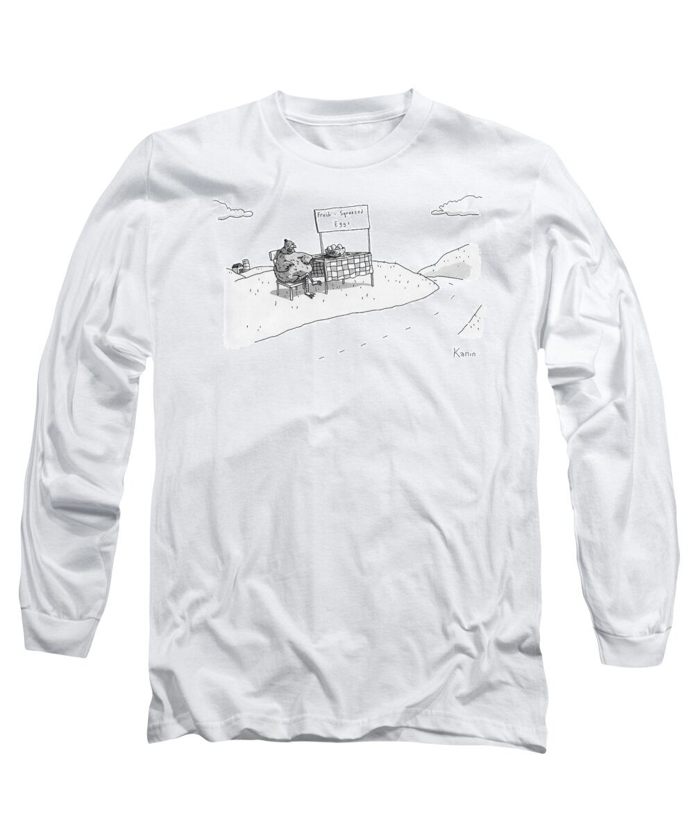 Eggs Long Sleeve T-Shirt featuring the drawing A Chicken Sits Next To A Roadside Stand by Zachary Kanin