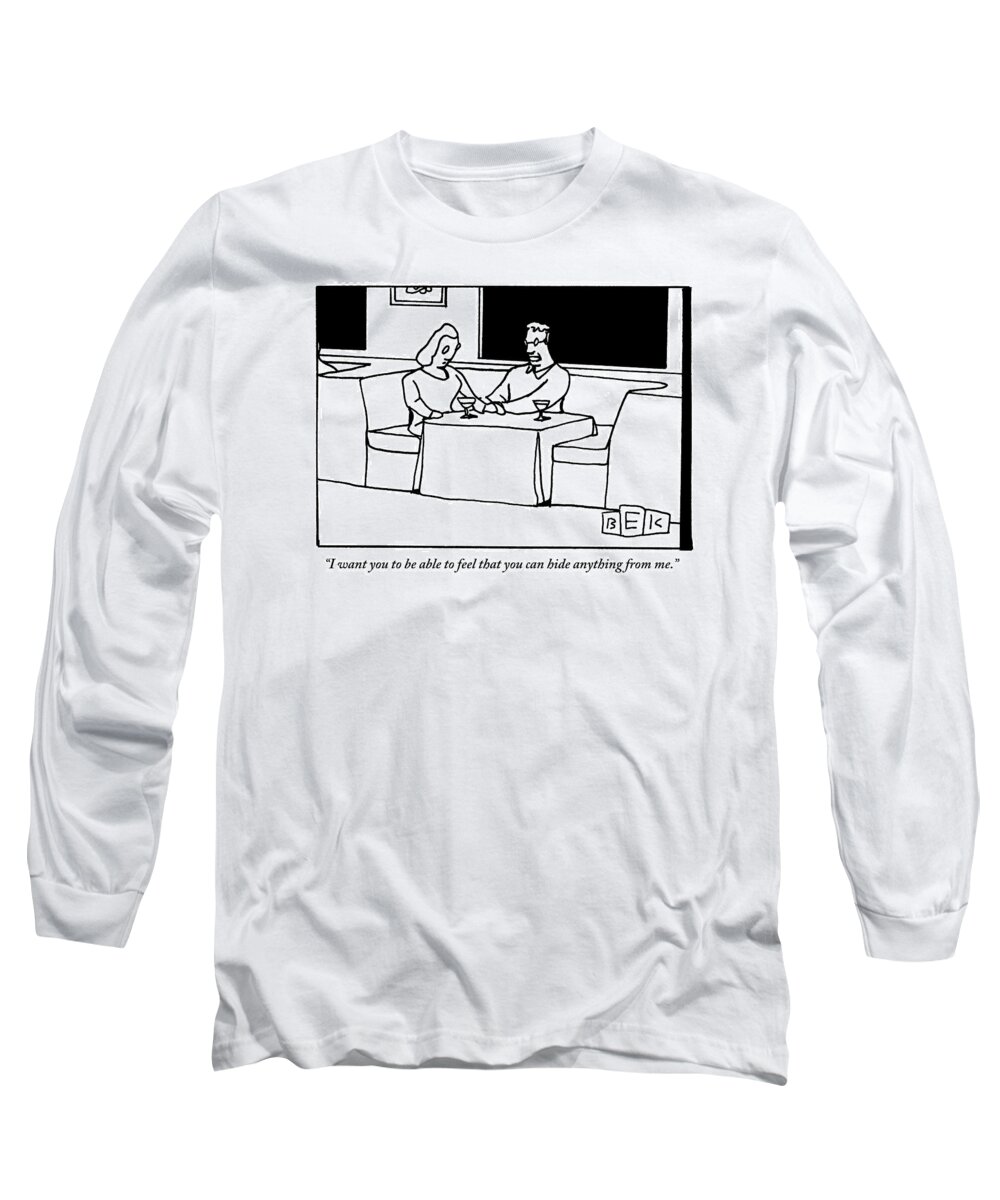 Secrets Long Sleeve T-Shirt featuring the drawing A Couple Hold Hands On Top Of The Table by Bruce Eric Kaplan