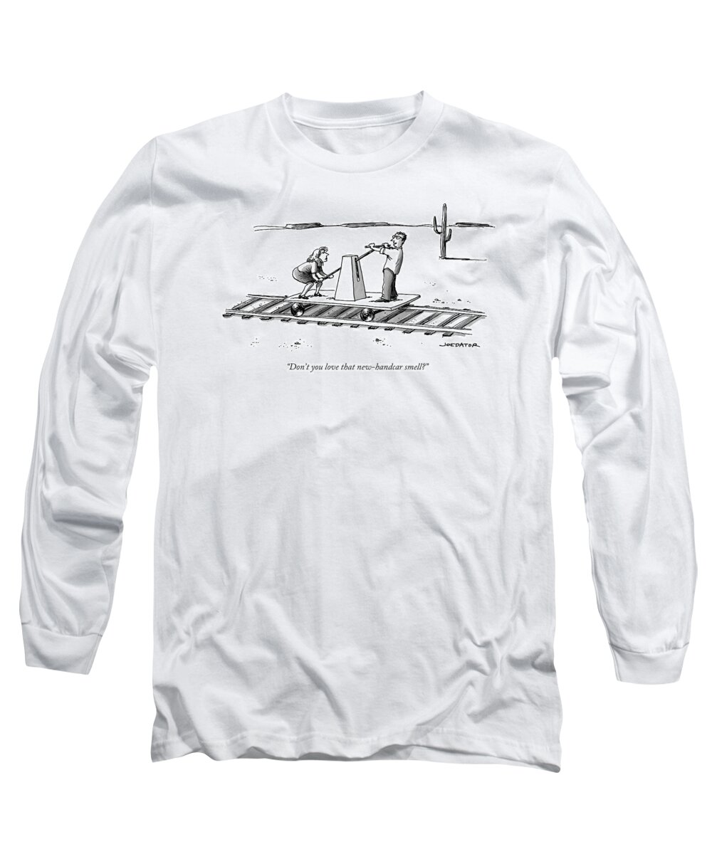 Couple Long Sleeve T-Shirt featuring the drawing A Couple With A Handcar In A Desert by Joe Dator