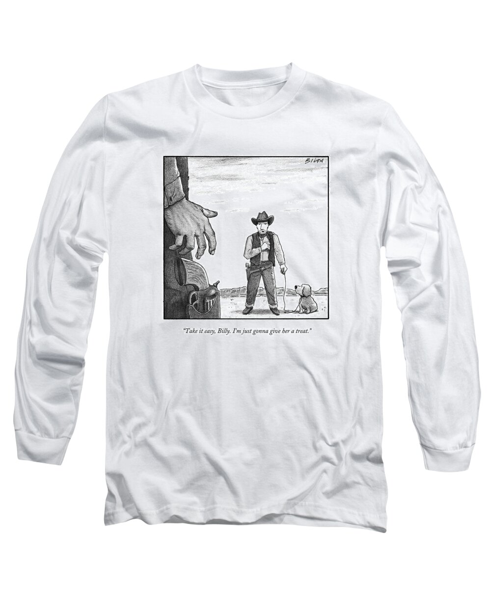 Cowboys Long Sleeve T-Shirt featuring the drawing A Cowboy With A Dog Speaks To His Opponent by Harry Bliss