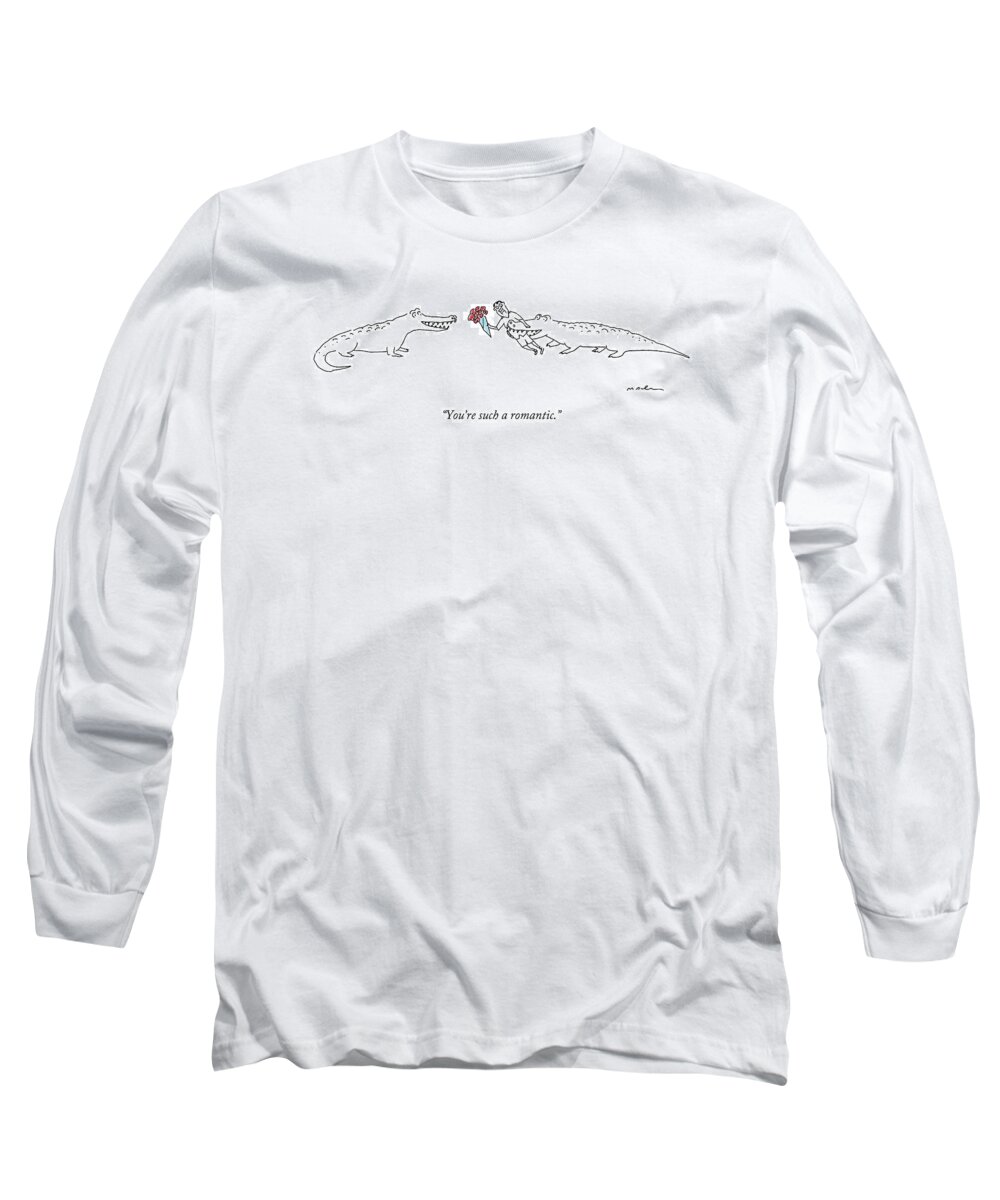 Flowers Long Sleeve T-Shirt featuring the drawing A Crocodile To Another Crocodile With A Person by Michael Maslin