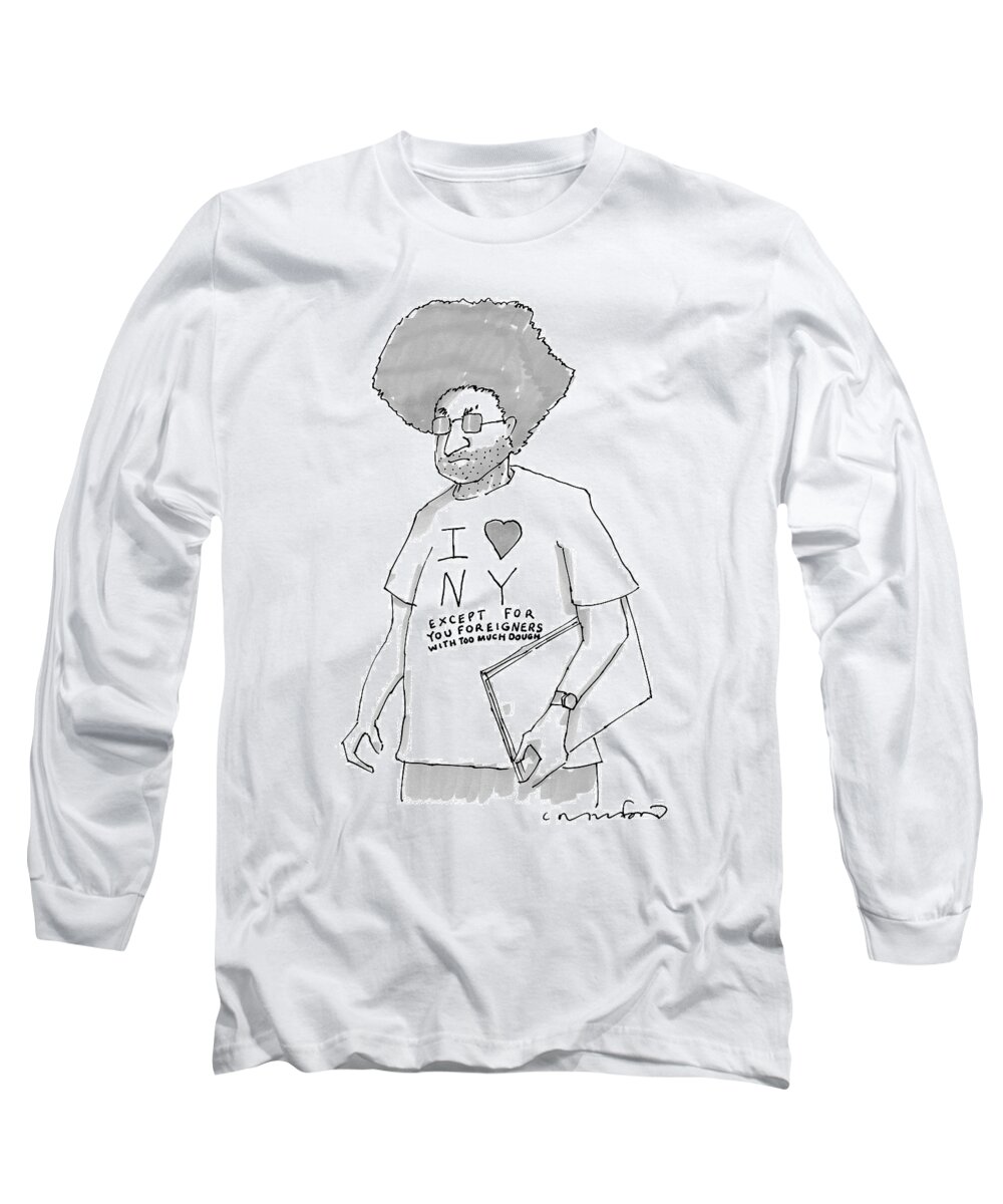 Shirts Long Sleeve T-Shirt featuring the drawing A Disgruntled Man With Large Hair And Stubble by Michael Crawford