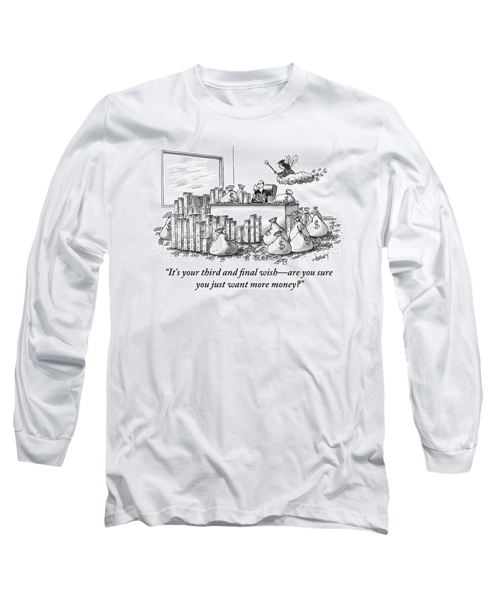 Money Long Sleeve T-Shirt featuring the drawing A Fairy Is Seen Talking To A Man Seated by Tom Cheney