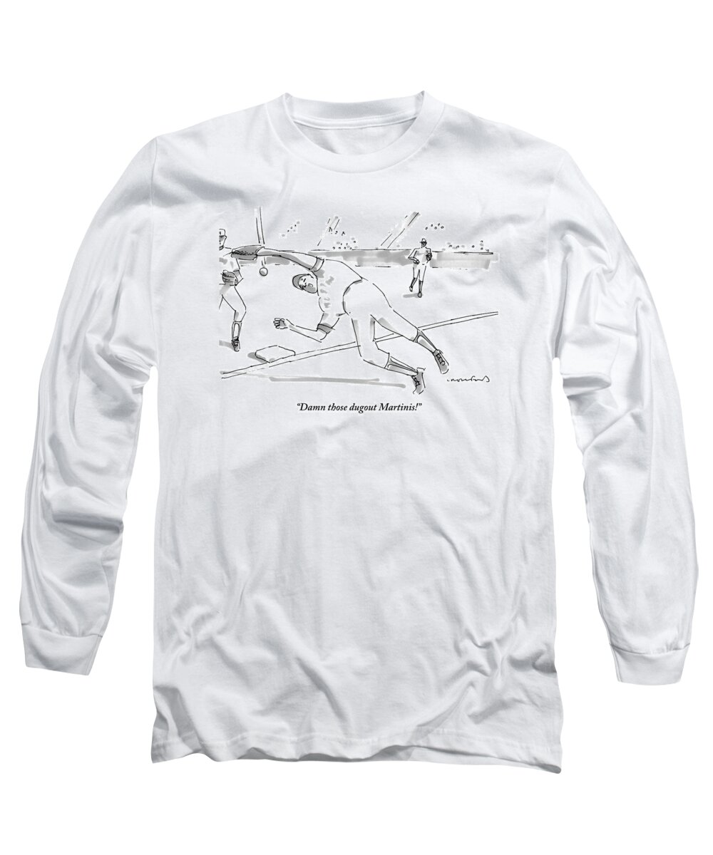 Baseball Long Sleeve T-Shirt featuring the drawing Those Dugout Martinis by Michael Crawford
