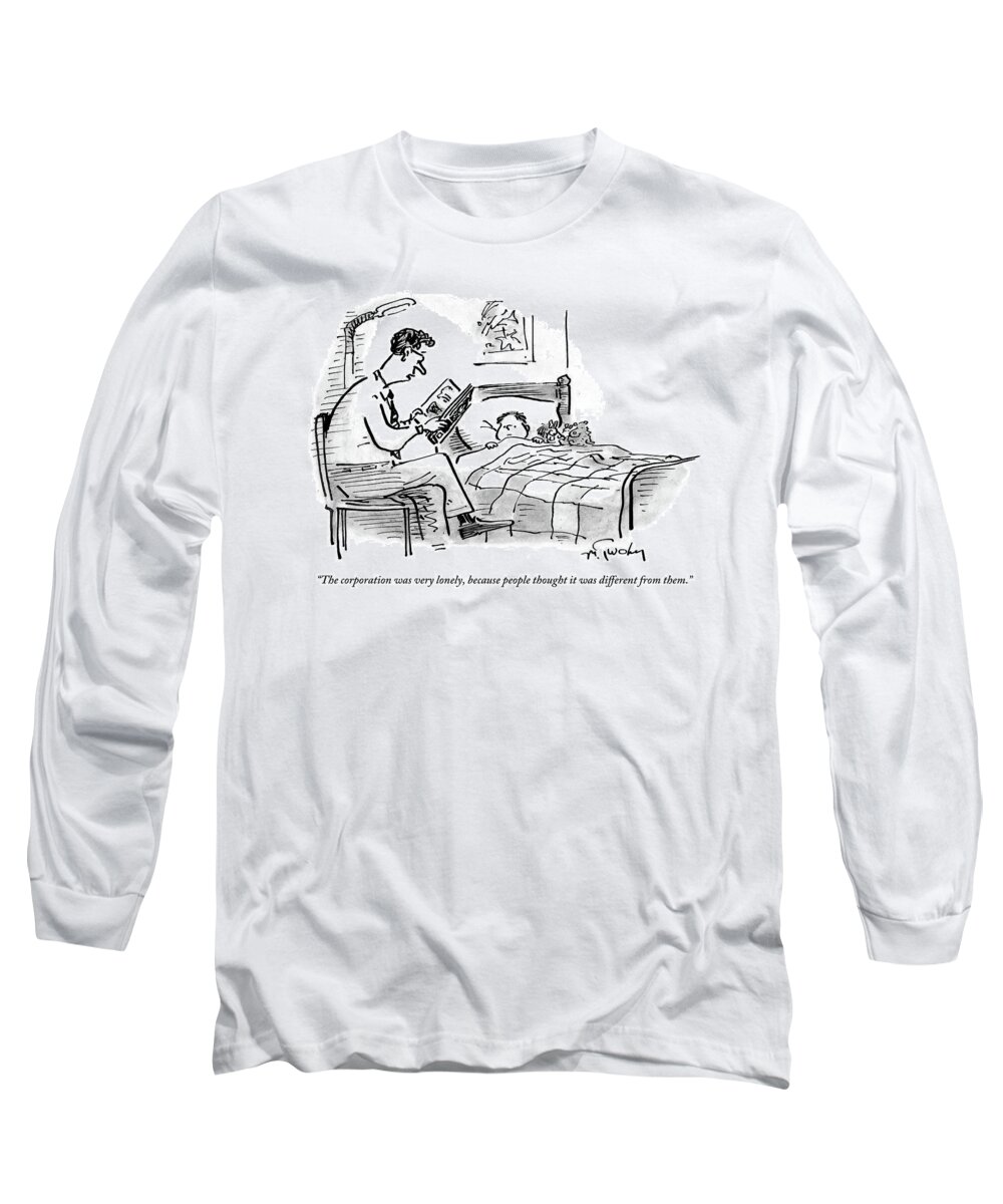 #condenastnewyorkercartoon Long Sleeve T-Shirt featuring the drawing A Father Tucks His Son Into Bed With A Bedtime by Mike Twohy