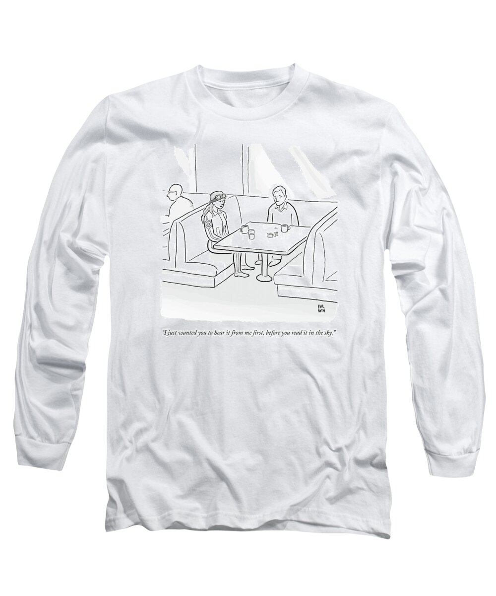Pilot Long Sleeve T-Shirt featuring the drawing A Female Pilot And Her Boyfriend Sit by Paul Noth