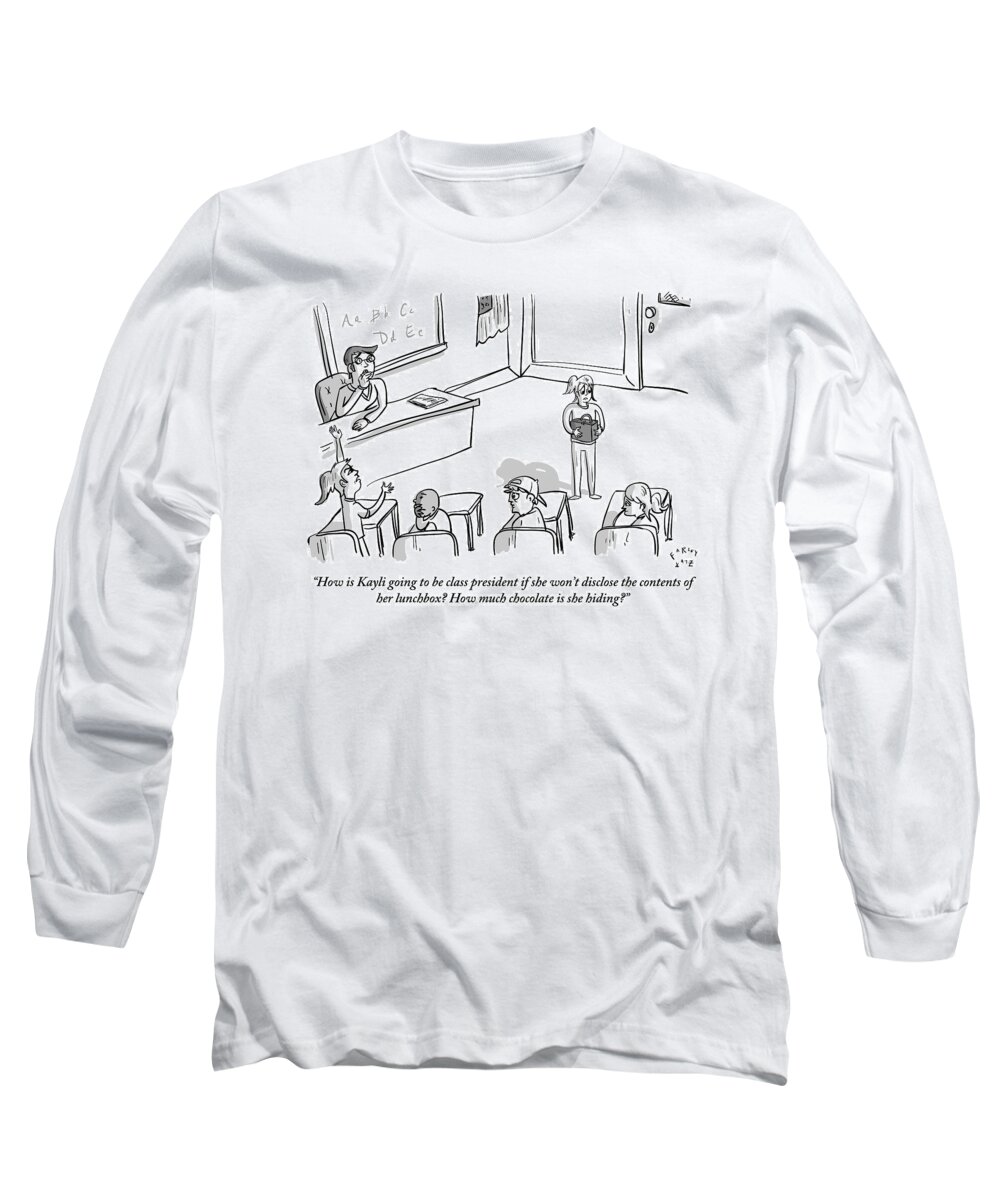 Elections Long Sleeve T-Shirt featuring the drawing A Girl Stands In Front Of A Class Of Young by Farley Katz