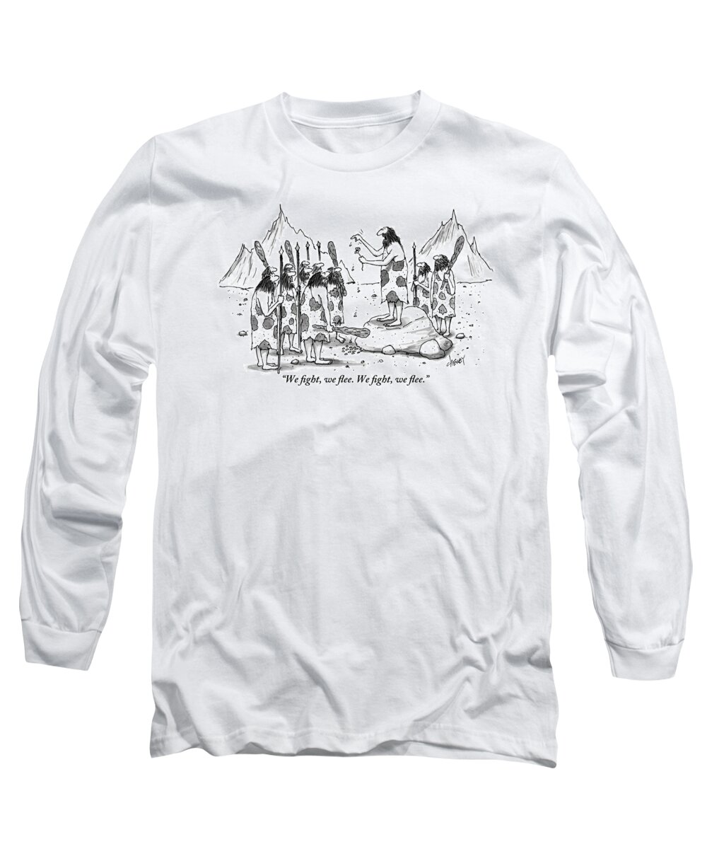 Cavemen Long Sleeve T-Shirt featuring the drawing A Group Of Cavemen Gather Around A Leader by Tom Cheney