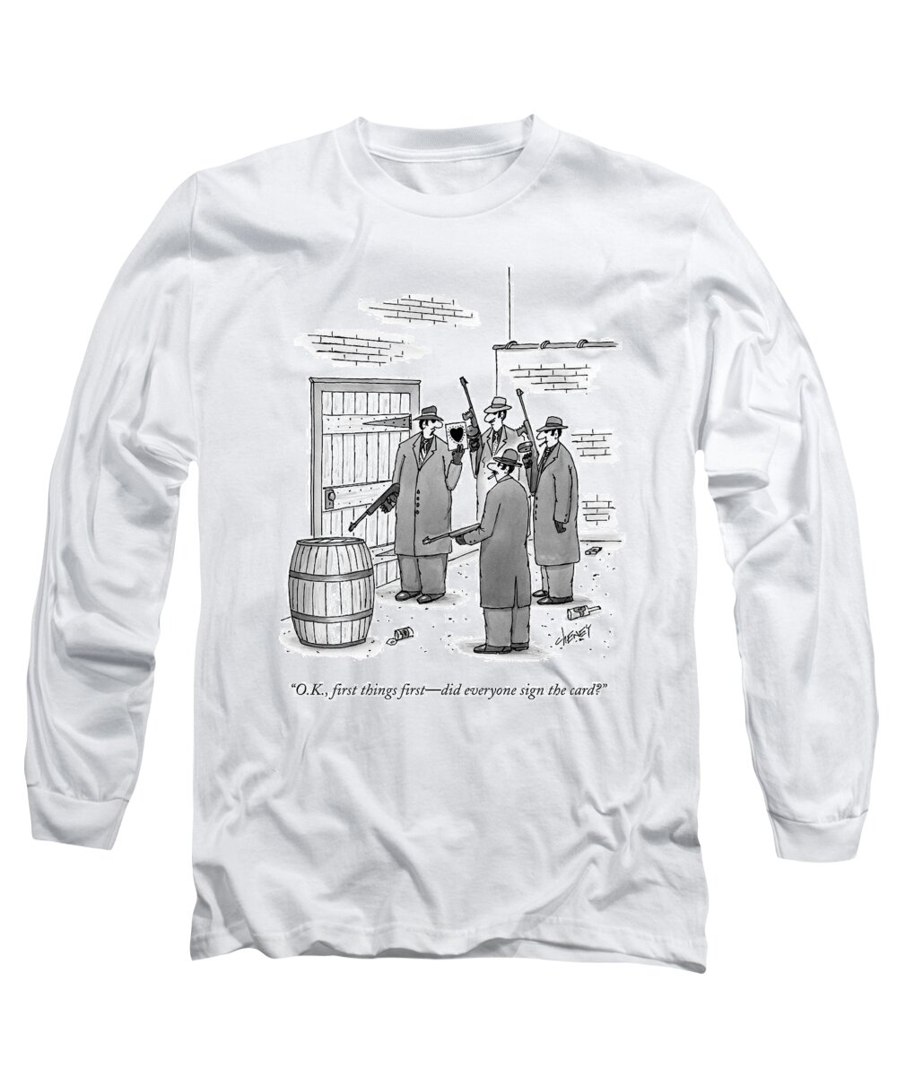 Holiday Long Sleeve T-Shirt featuring the drawing A Group Of Gangsters Stand With Machine Guns by Tom Cheney
