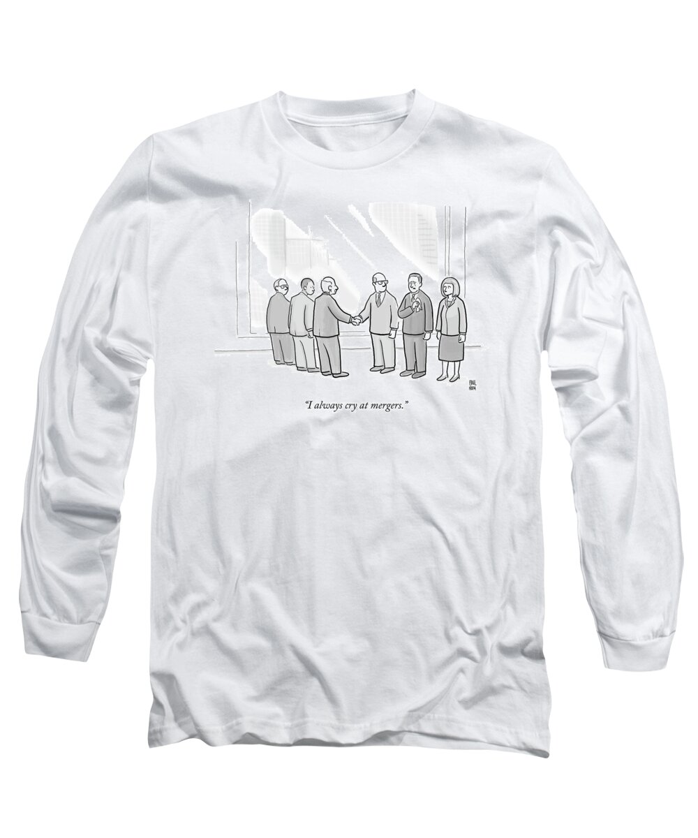Business Long Sleeve T-Shirt featuring the drawing A Group Of People In A Boardroom Watch As Two Men by Paul Noth