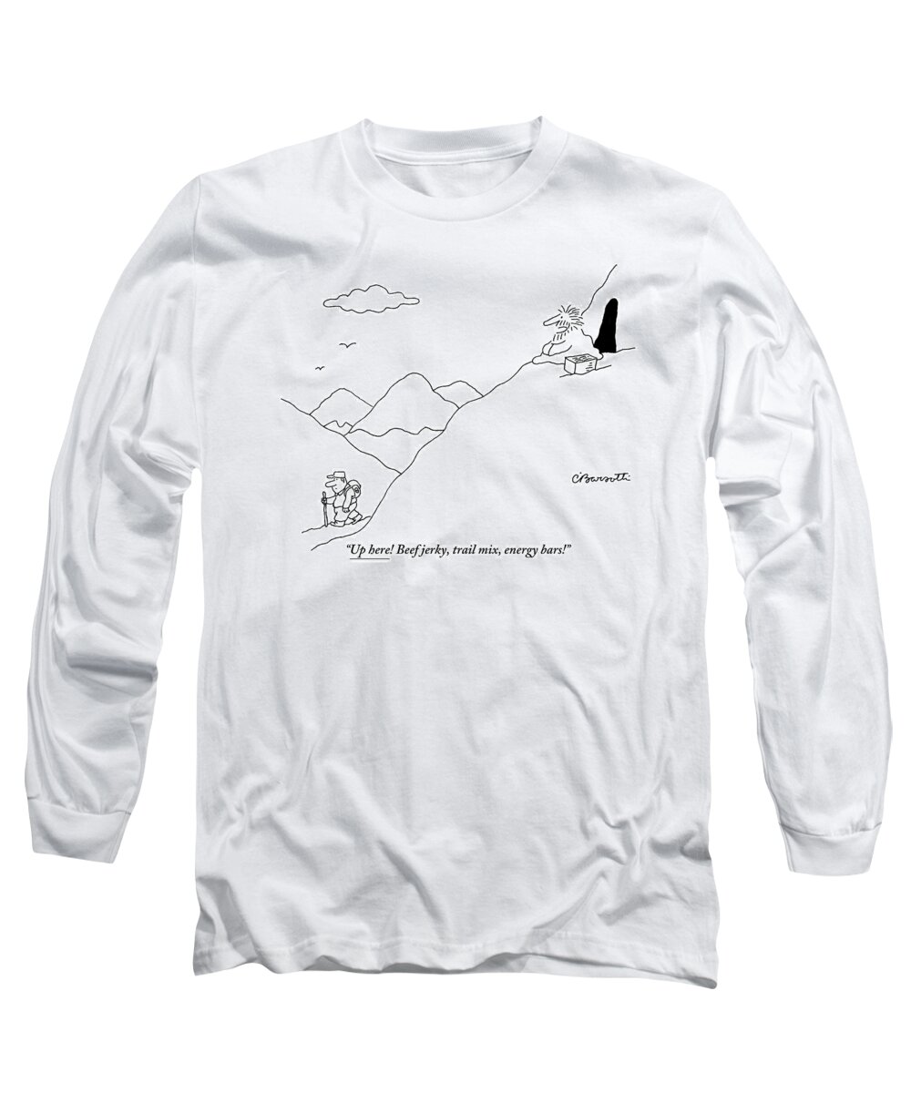 Gurus Long Sleeve T-Shirt featuring the drawing A Guru Is Seen Calling Out To A Hiker Walking by Charles Barsotti
