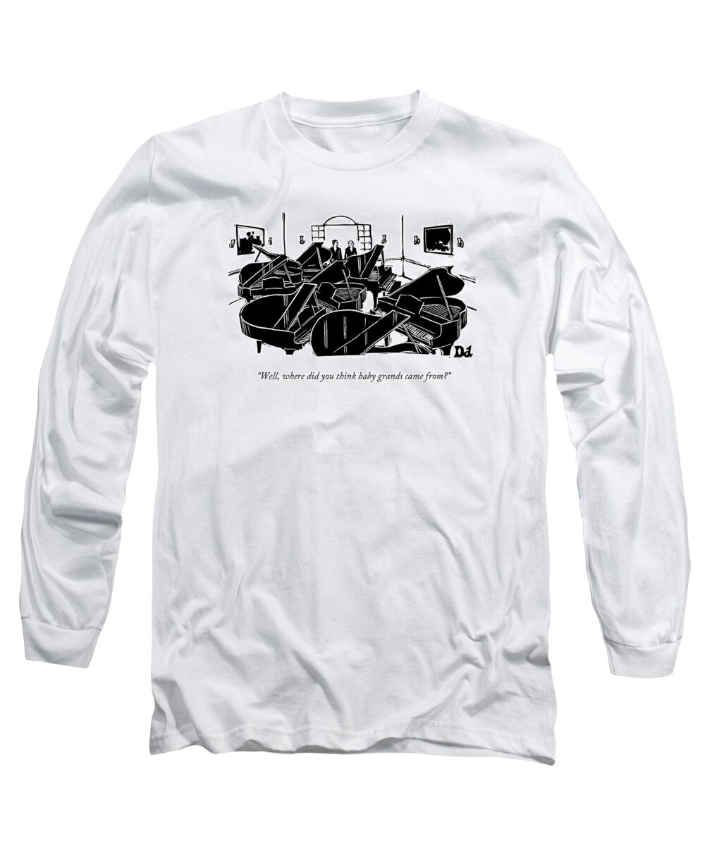 Pianos Long Sleeve T-Shirt featuring the drawing A Guy Talks To Another Guy In A Room Of Seven by Drew Dernavich