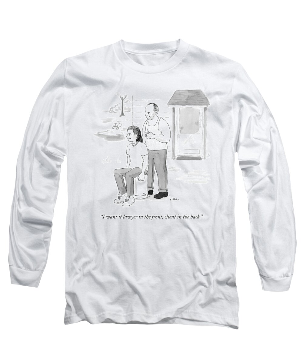 Mullet Long Sleeve T-Shirt featuring the drawing A Hillbilly Barber Gives A Customer A Mullet by Emily Flake