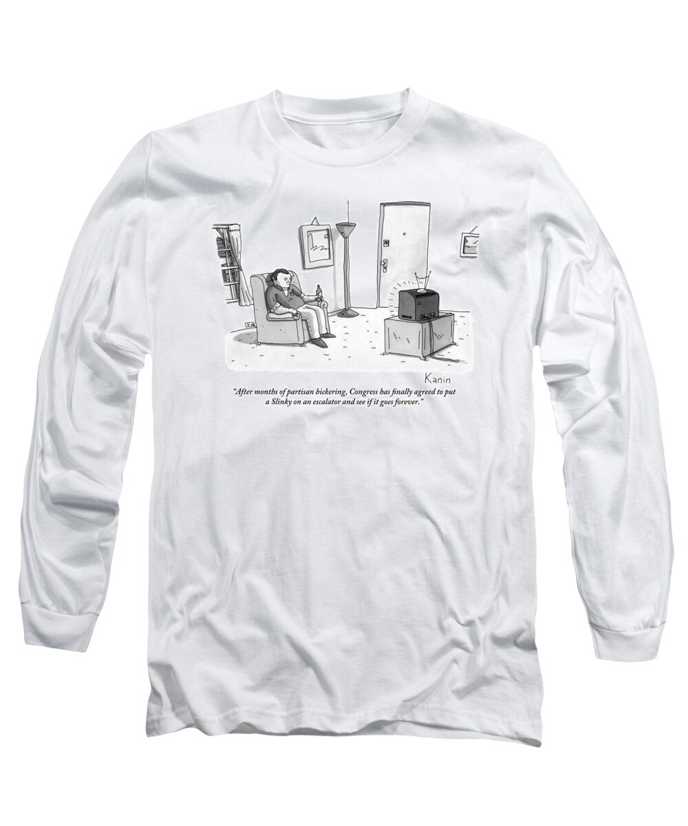 Chair Long Sleeve T-Shirt featuring the drawing A Jaded-looking Man Sits In His Living Room by Zachary Kanin