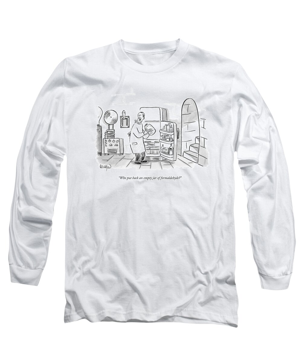 Frankenstein Long Sleeve T-Shirt featuring the drawing A Mad Scientist Removes A Jar From The Laboratory by Robert Leighton