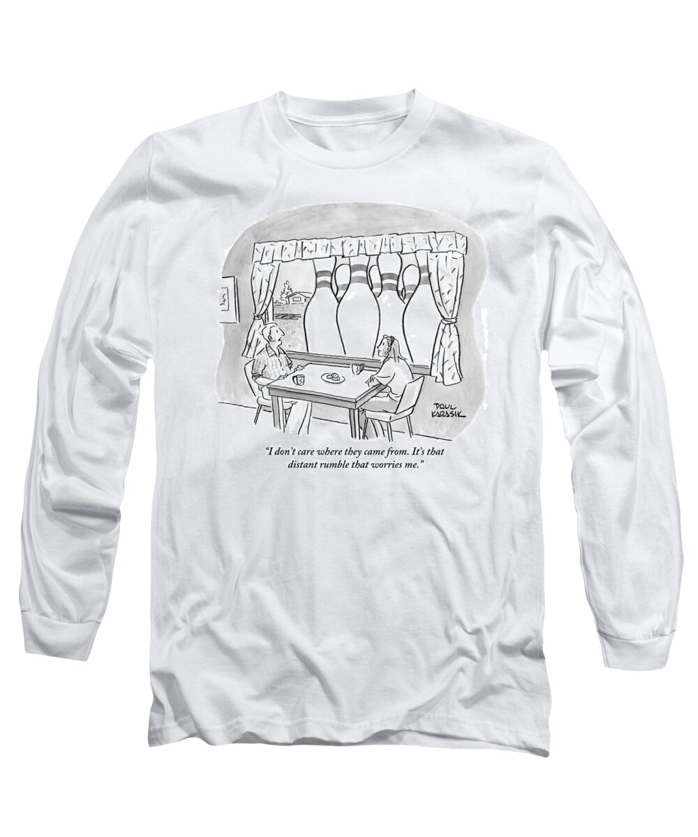 Worried Long Sleeve T-Shirt featuring the drawing A Man And A Woman Are Sitting At A Round Table by Paul Karasik