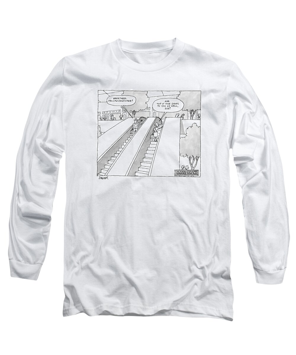 Escalators Long Sleeve T-Shirt featuring the drawing A Man And A Woman On Adjacent Escalators Greet by Jack Ziegler
