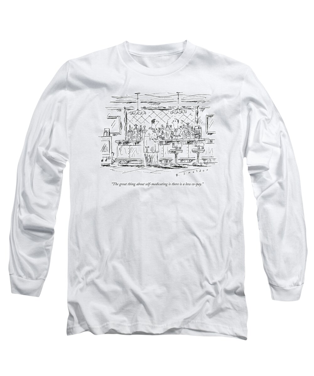 Drinking Long Sleeve T-Shirt featuring the drawing A Man At A Bar Talking To The Bartender by Barbara Smaller
