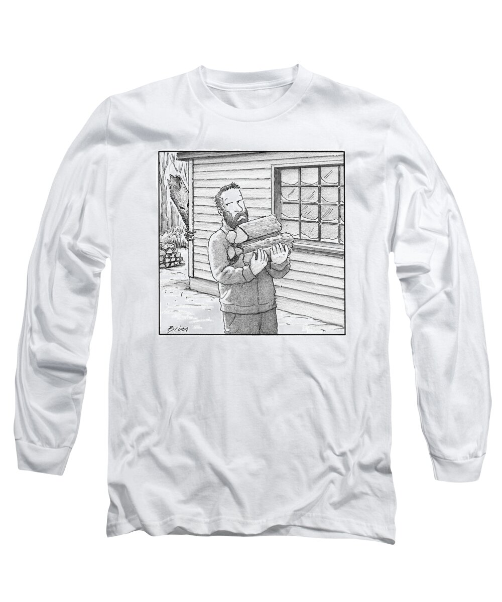 Captionless Horror Movie Long Sleeve T-Shirt featuring the drawing A Man Carries Firewood Back To His Cabin by Harry Bliss