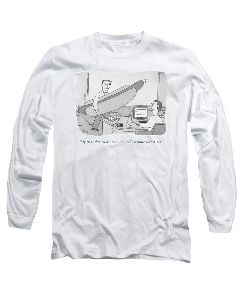Hot Dog Long Sleeve T-Shirt featuring the drawing A Man Carrying A Giant Hot Dog Speaks To Another by Peter C. Vey