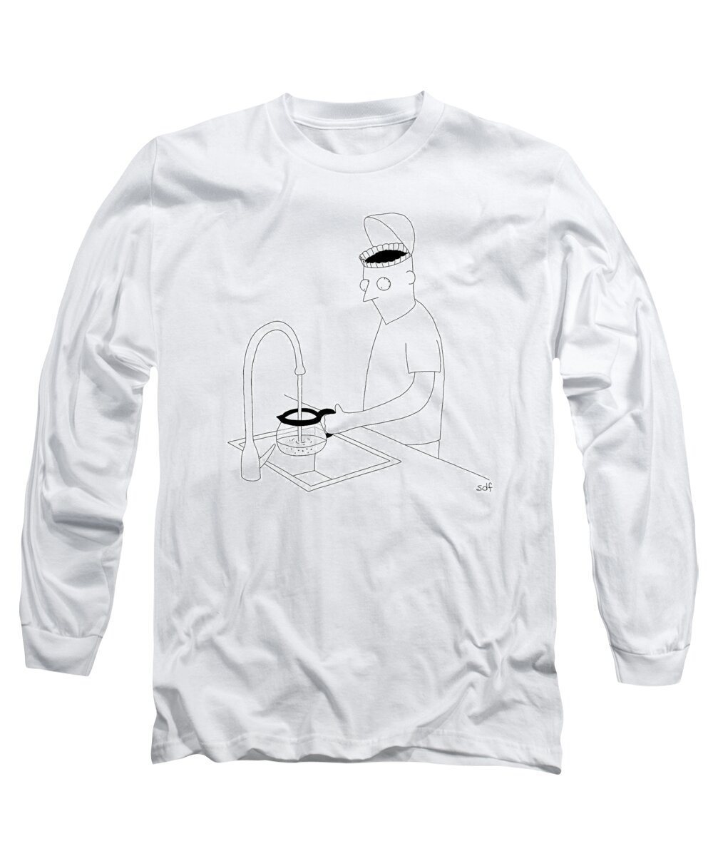 Coffee Long Sleeve T-Shirt featuring the drawing A Man Filling Up His Coffee Pot by Seth Fleishman