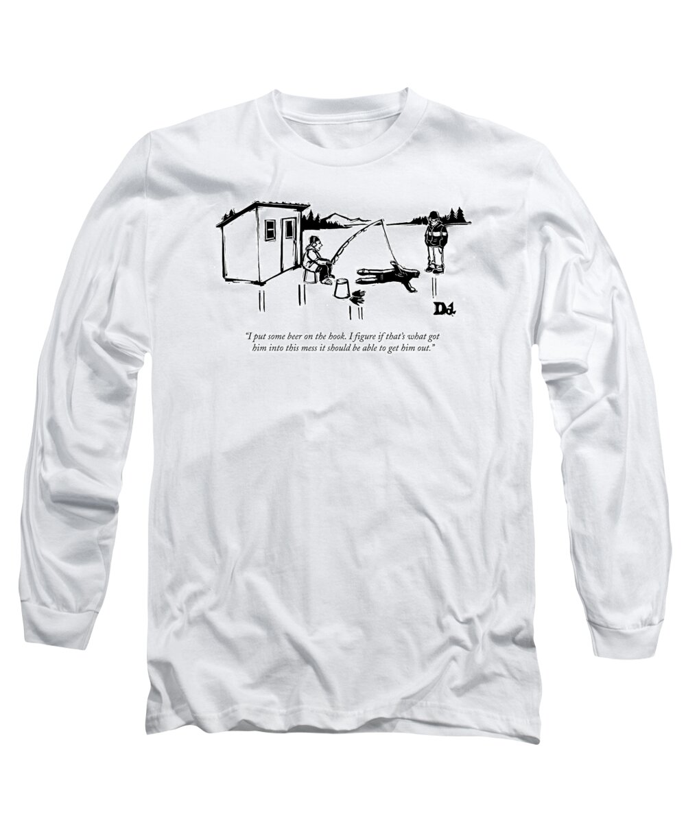 Ice Fishing Long Sleeve T-Shirt featuring the drawing A Man Ice Fishes Through Man-shaped Hole by Drew Dernavich