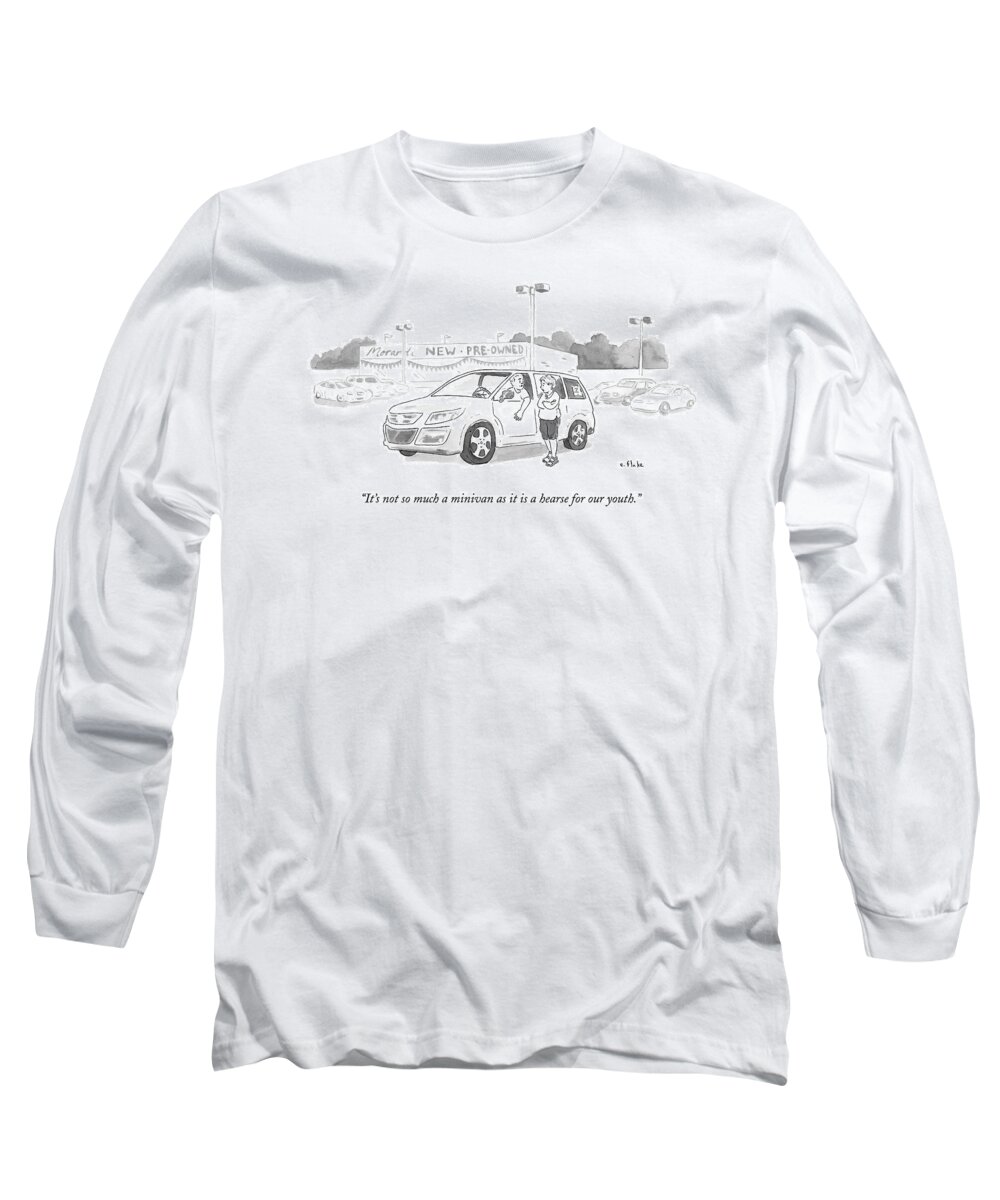Cars Long Sleeve T-Shirt featuring the drawing A Man In A Minivan Speaks To A Woman At A Car by Emily Flake