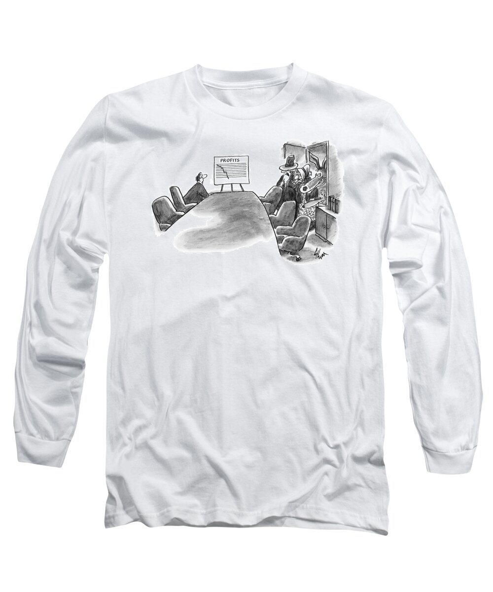 Meetings Long Sleeve T-Shirt featuring the drawing A Man Is Seen Sitting In An Empty Meeting Room by Frank Cotham