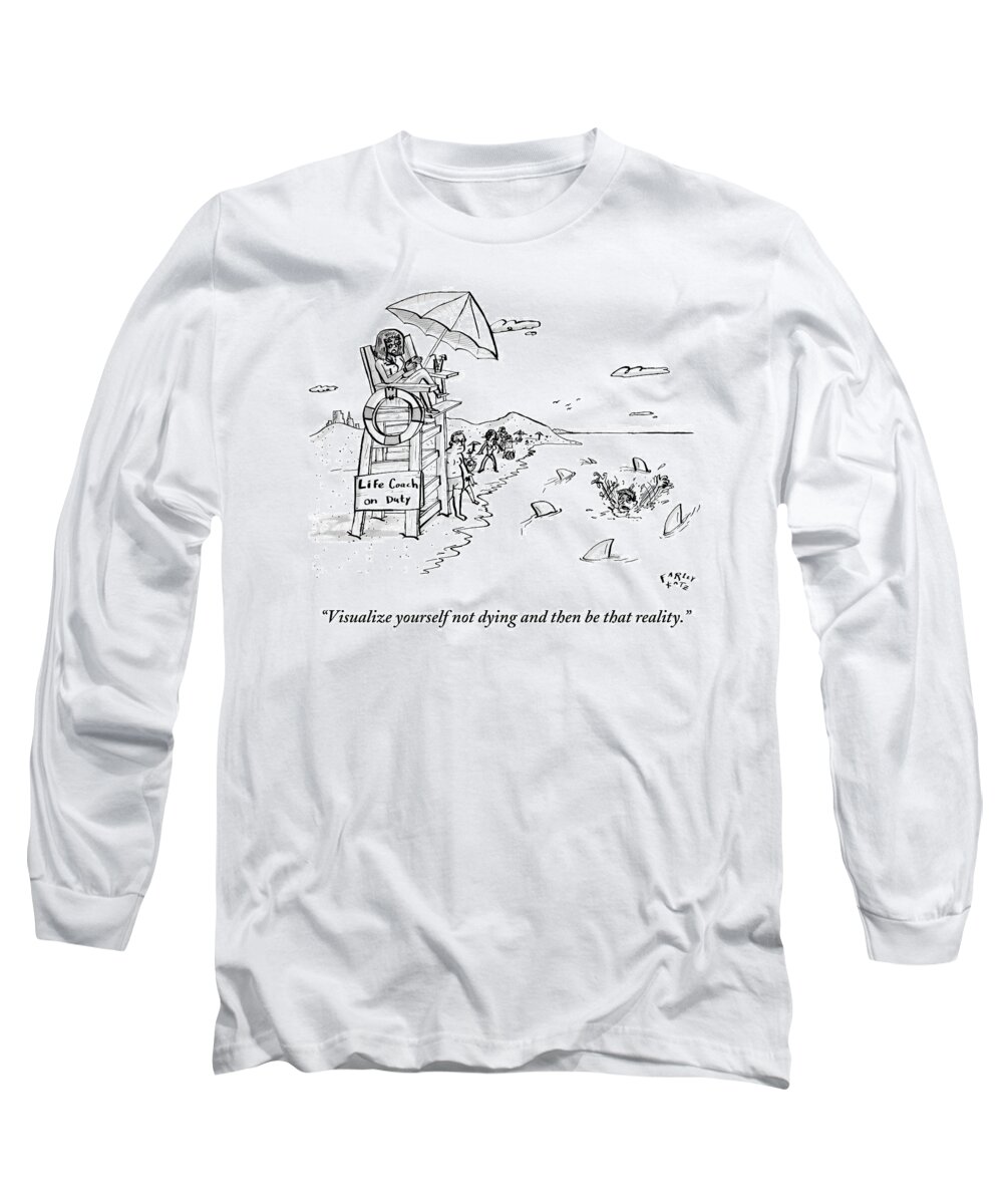Swim Long Sleeve T-Shirt featuring the drawing A Man Is Surrounded By Sharks While Swimming by Farley Katz