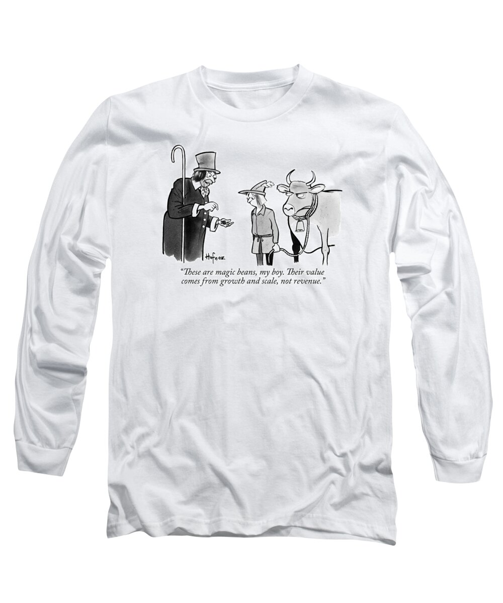 These Are Magic Beans Long Sleeve T-Shirt featuring the drawing A Man Sells A Boy Leading A Cow Beans -- Jack by Kaamran Hafeez