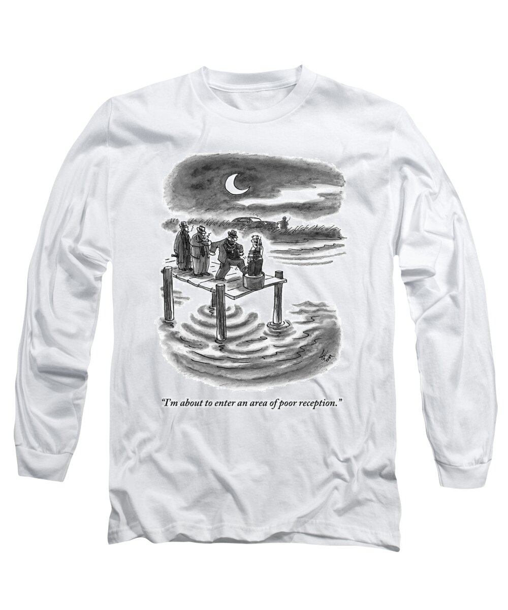 Telephones Long Sleeve T-Shirt featuring the drawing A Man Standing In A Block Of Cement Talks by Frank Cotham