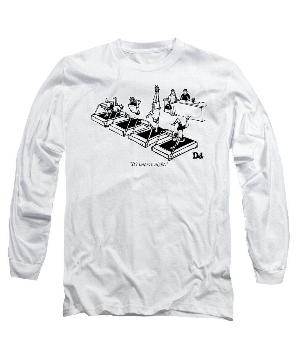 Gyms Long Sleeve T-Shirt featuring the drawing A Man Stands At The Desk Of A Gym. Four People by Drew Dernavich