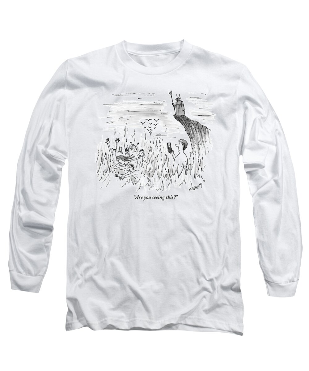 Hell Long Sleeve T-Shirt featuring the drawing A Man Stands In The Fires Of Hell With The Devil by Tom Cheney
