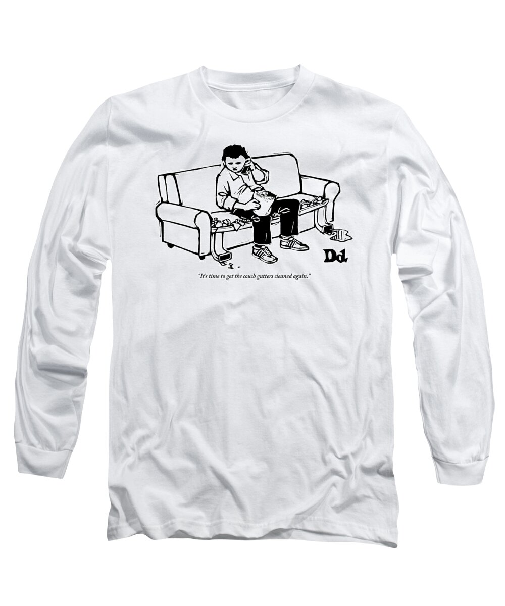 Couch Potato Long Sleeve T-Shirt featuring the drawing A Man Talking The Phone by Drew Dernavich