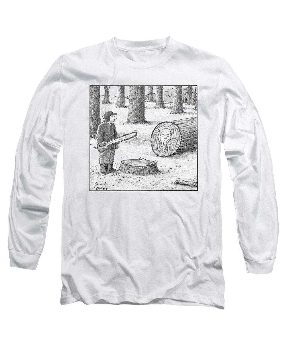 Captionless Trees Long Sleeve T-Shirt featuring the drawing A Man Who Has Just Cut Down A Tree Sees That by Harry Bliss