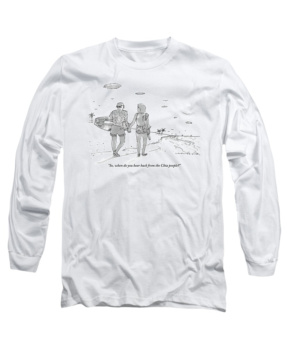 Hair Long Sleeve T-Shirt featuring the drawing A Man With A Very Hair Back Walks Down The Beach by Michael Crawford
