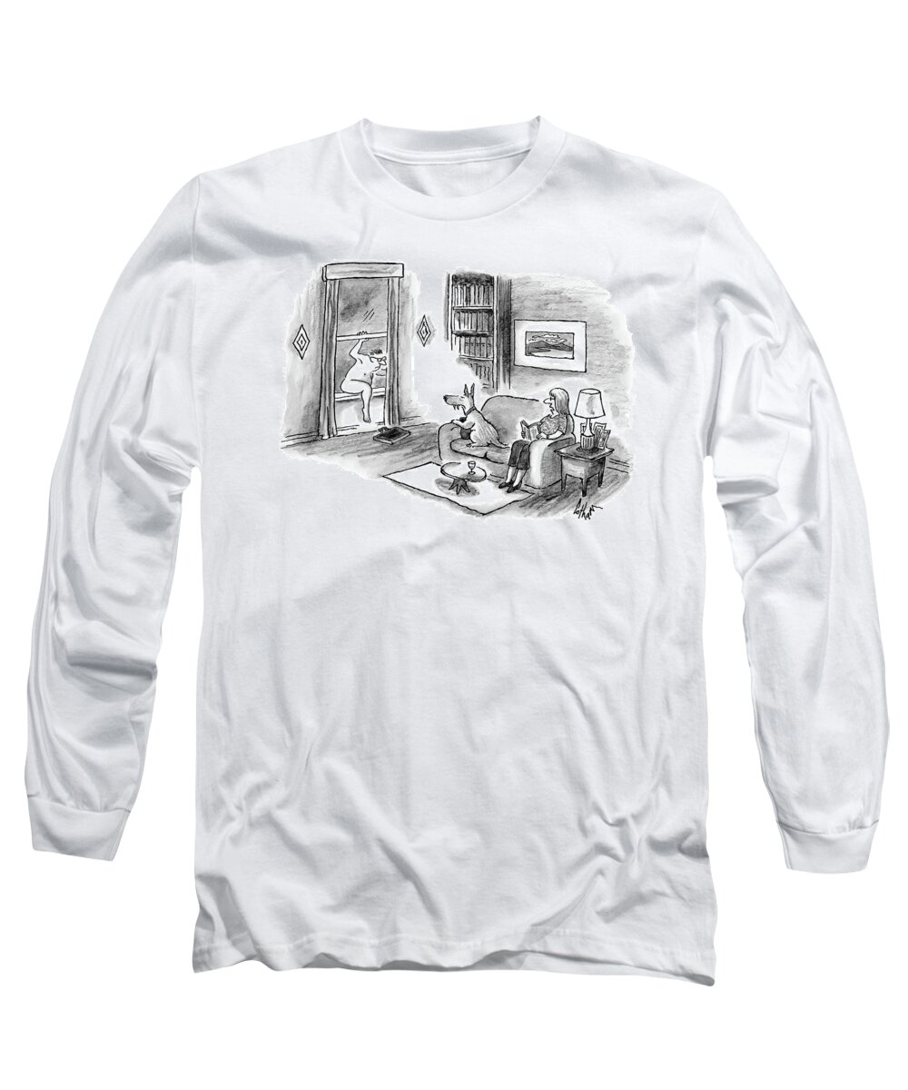 Cctk. Naked Man Long Sleeve T-Shirt featuring the drawing A Naked Man Crawls Through The Window Of A Living by Frank Cotham