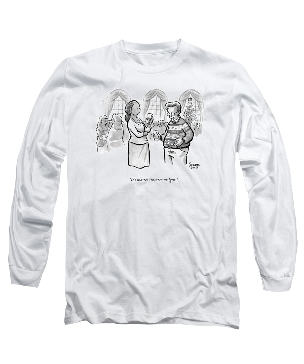Christmas Long Sleeve T-Shirt featuring the drawing A Plump Man At A Christmas Party Talks by Benjamin Schwartz