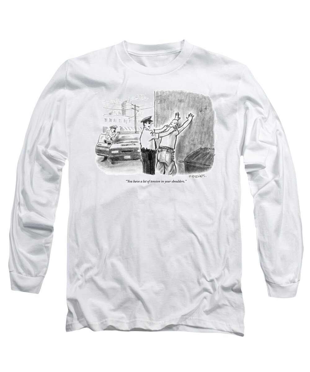 Massage Long Sleeve T-Shirt featuring the drawing A Policeman Talks To A Man He Is Frisking Or by Pat Byrnes