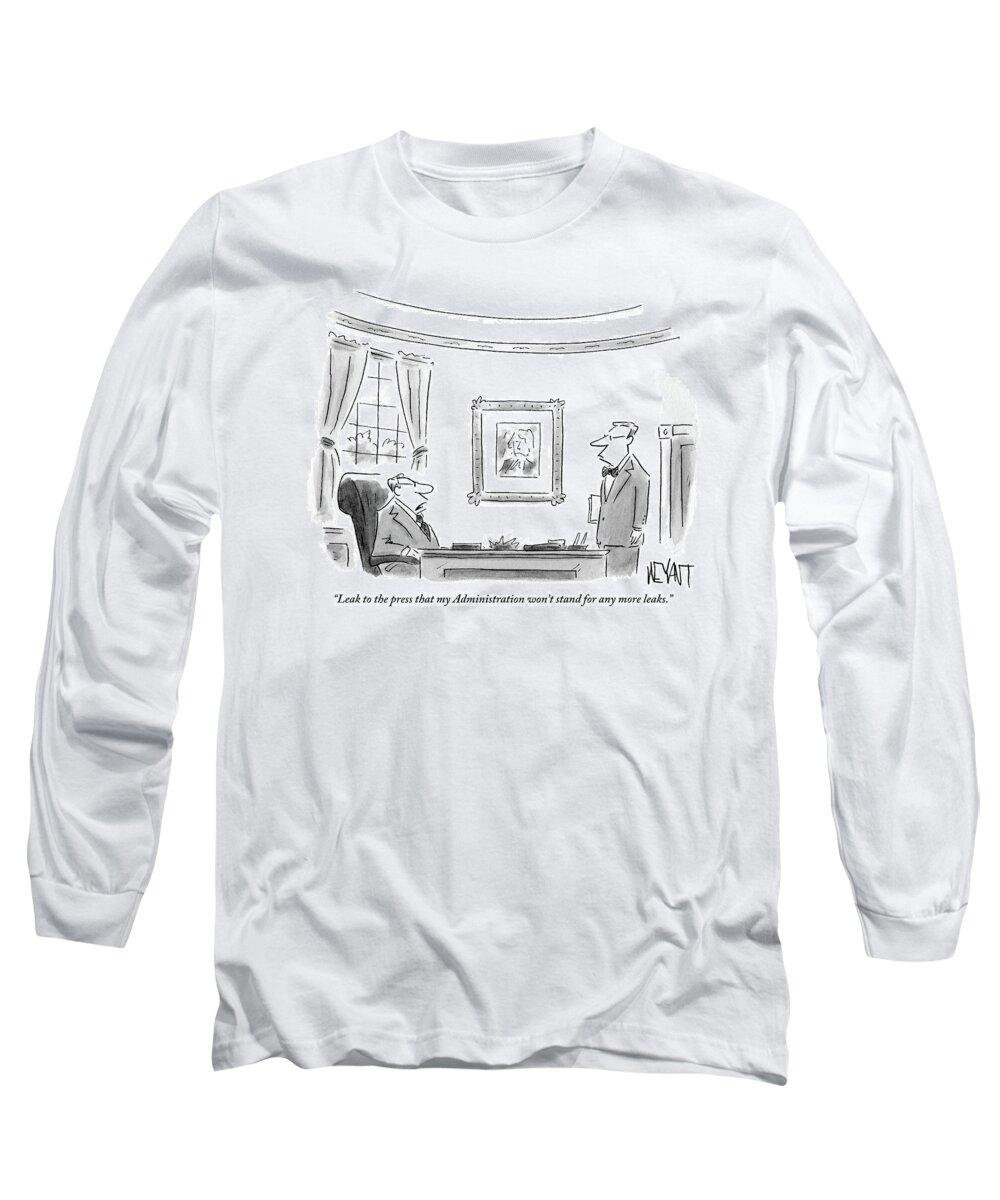 President Long Sleeve T-Shirt featuring the drawing A President Behind His Desk In The Oval Office by Christopher Weyant
