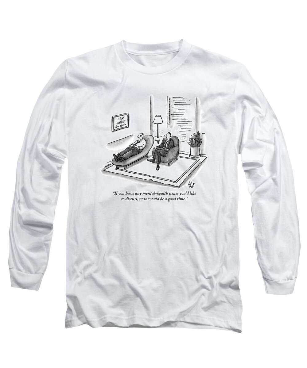 A Psychiatrist Speaks To A Man On The Sofa. Mental Health Long Sleeve T-Shirt featuring the drawing A Psychiatrist Speaks To A Man On The Sofa by Frank Cotham