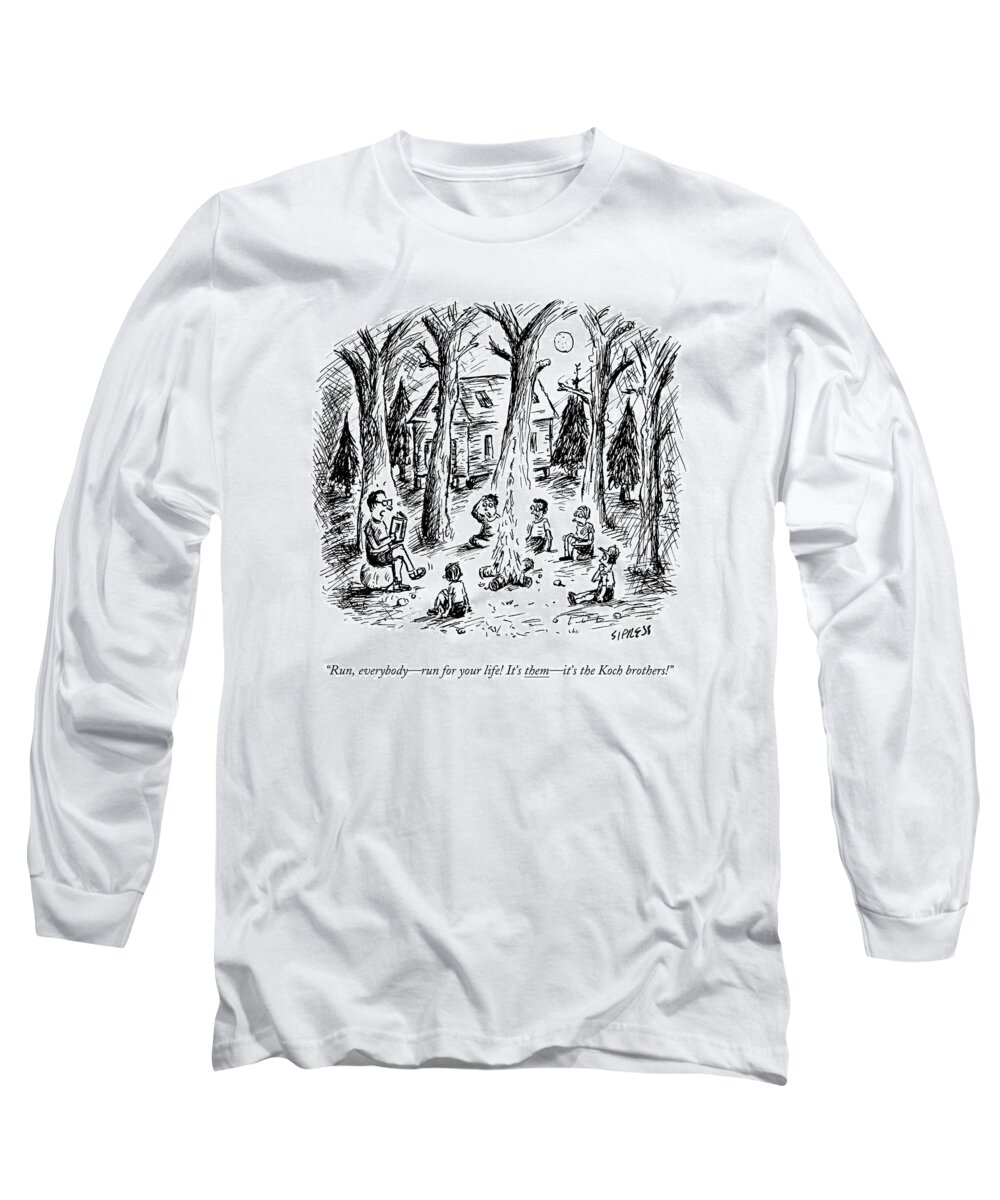 Political Donations Long Sleeve T-Shirt featuring the drawing A Scout Leader Tells A Group Of Young Campers by David Sipress