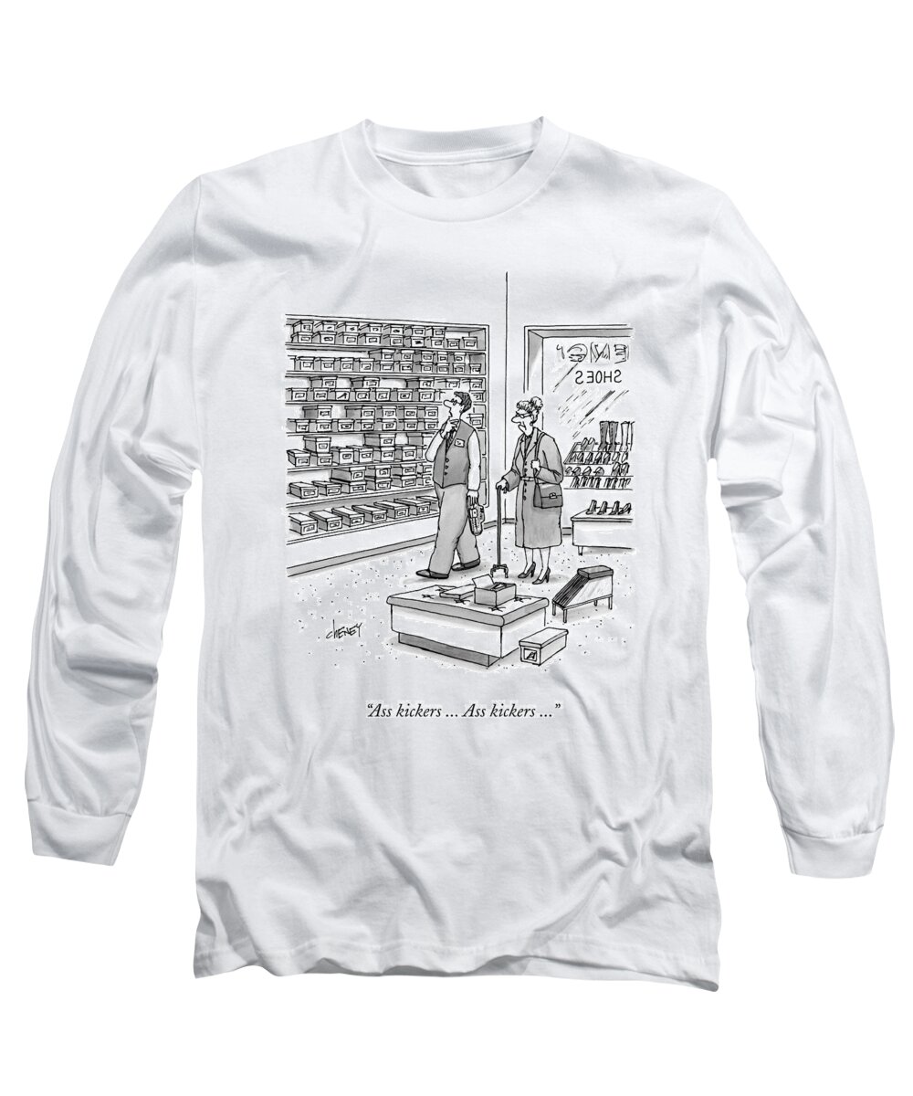 Shoes Long Sleeve T-Shirt featuring the drawing A Shoe Salesman Browses The Selection Of Shoes by Tom Cheney